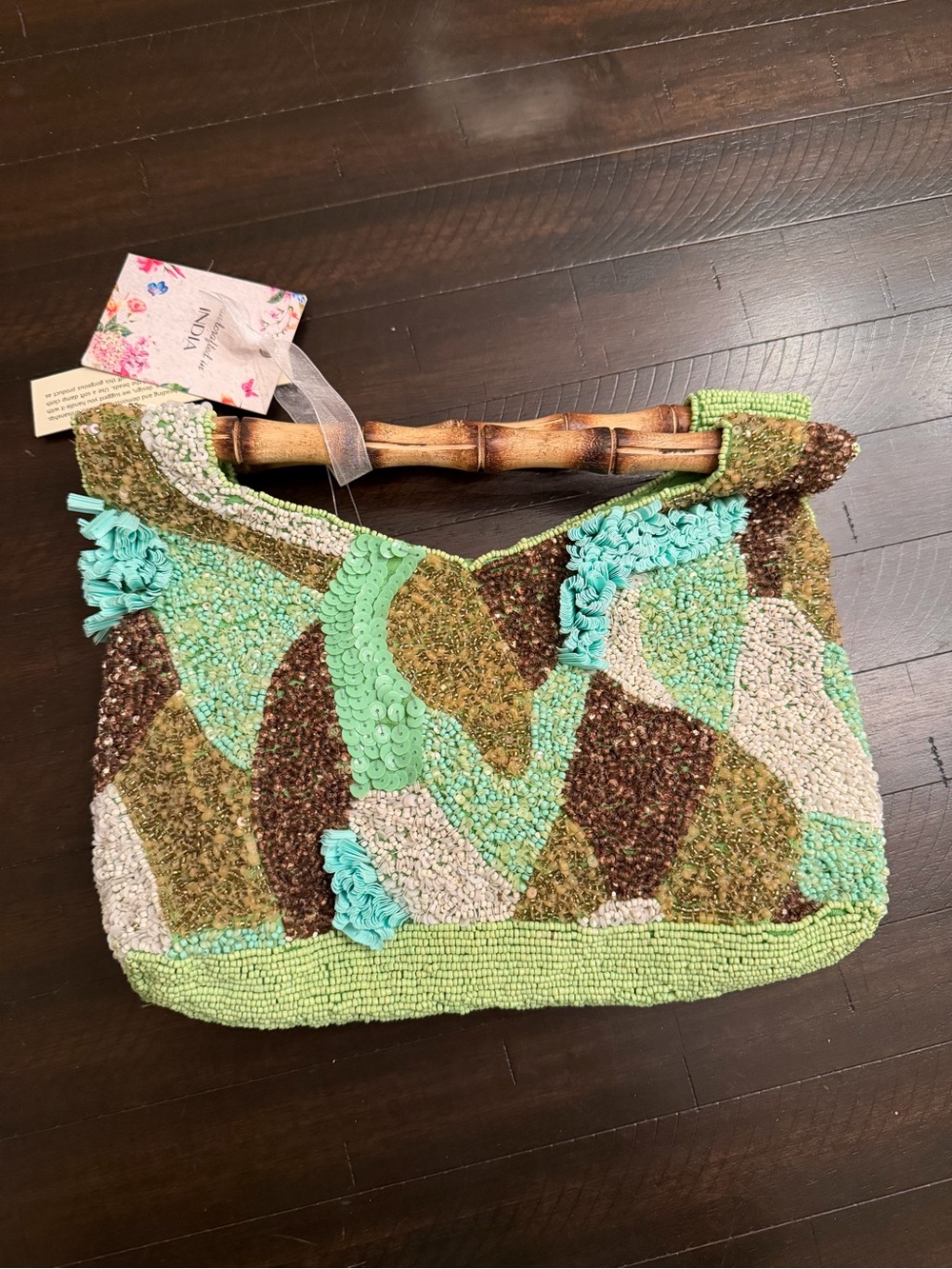 Hand-Beaded Patchwork Clutch with Bamboo Handle in Green